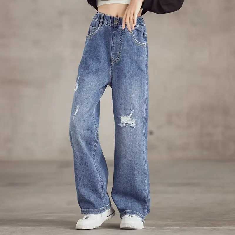 Jeans Girls Jeans Spring And Summer New Style Childrens Straight-leg Medium And Large Childrens Wide-leg Spring Loose Trousers