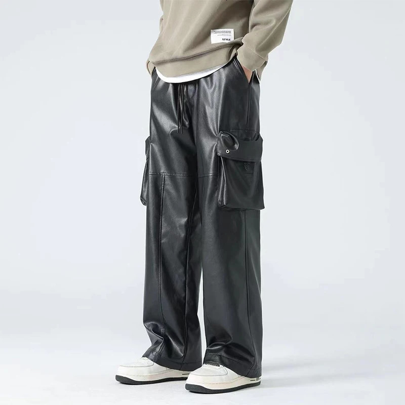Mens Black Matte Faux Leather Laceup Cargo Pants Male Chic Casual Entertainment Splicing PU Straight Trousers Custom 240806