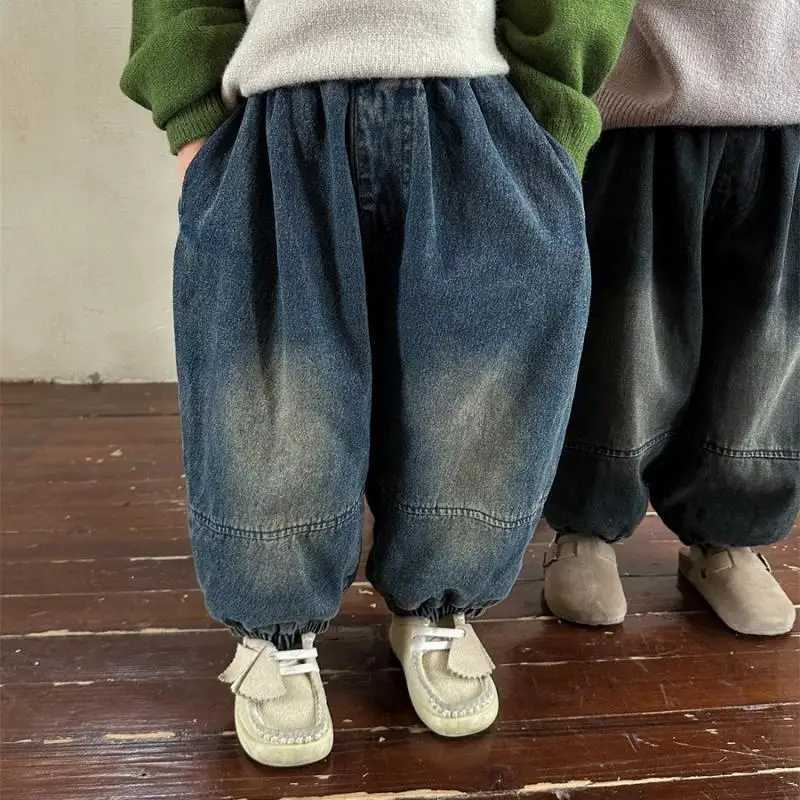 Jeans 1-7 Y Children Fashion Jeans Korean Boy Toddler Wear Girl Denim Wide Legged Trousers 2024 Spring New Girl Retro Lantern Pants