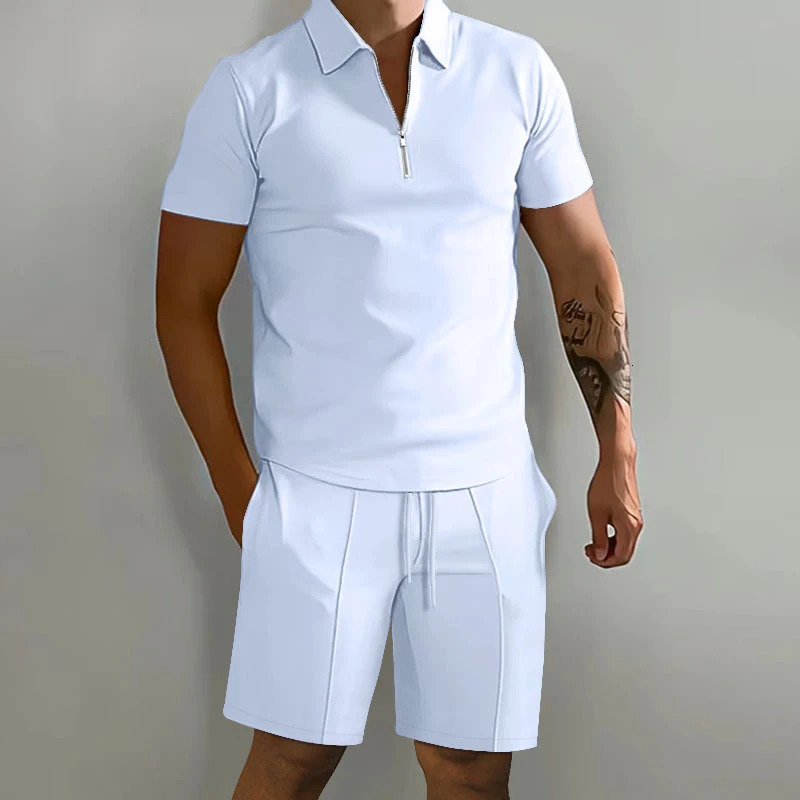 Summer Solid Color Mens Sets High Street POLO Collar Short Sleeve Zip Fastener Pullovers Elastic Waist Pockets Y2K Shorts 240806