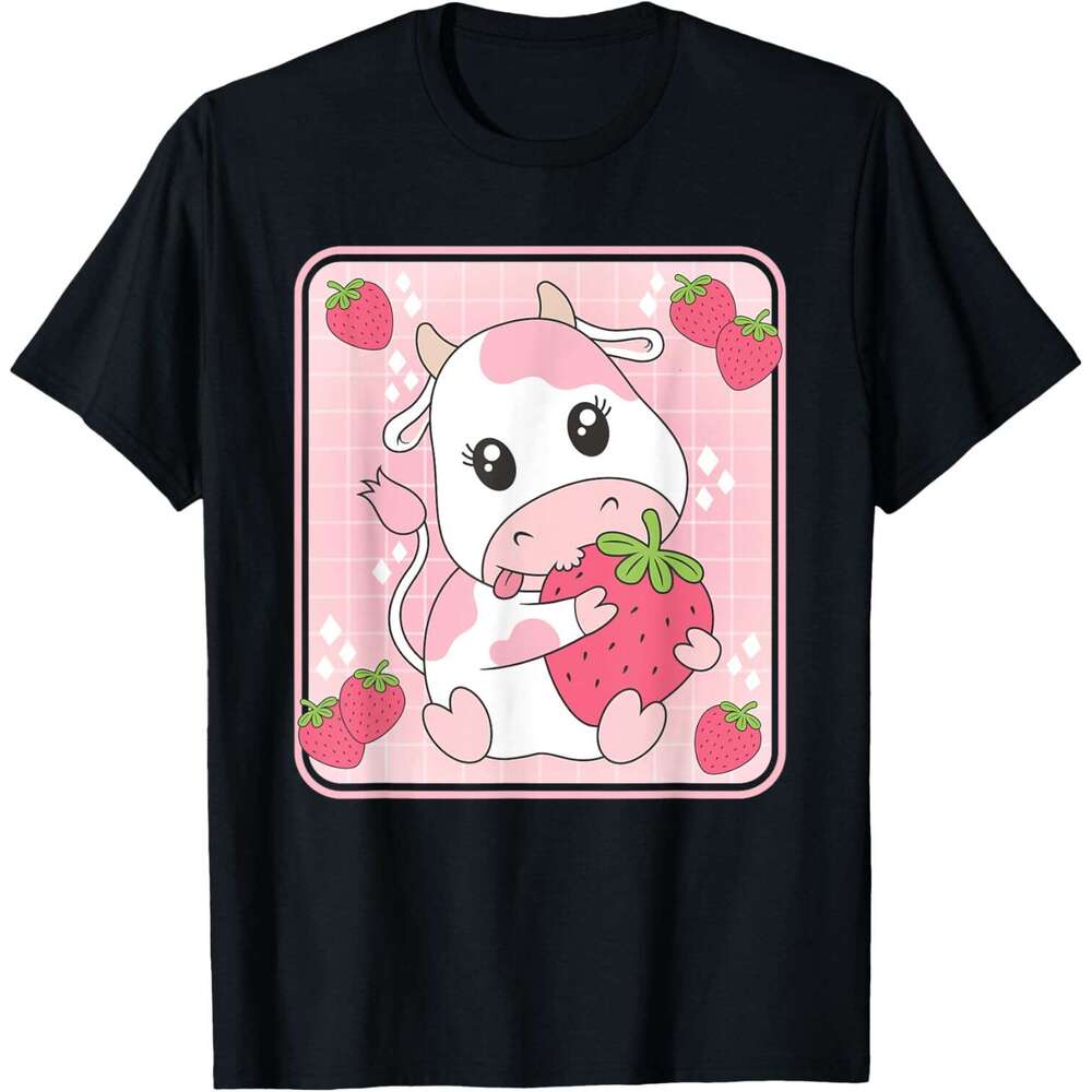 Mens T shirt Cute Strawberry Milk Pink Cow Print Kawaii Aesthetic Animal T-Shirt shirts tshirt graphic tee Casual tops clothes Short sleeve Free shipp