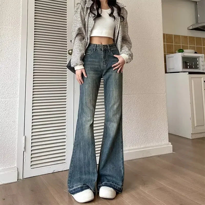 Hong Kong Style Fringe Loose-fit Bootcut Jeans Womens High-waisted Vintage Slimming American Style Bell-bottom Pants 240807