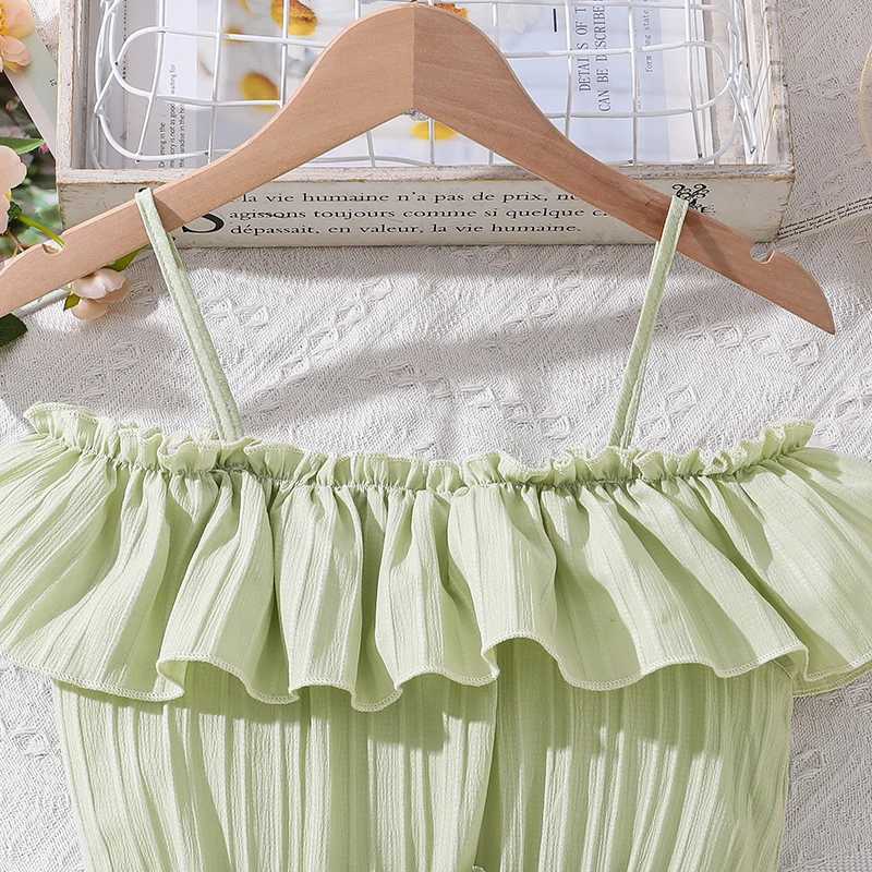 2024 new summer girls slip dress with lace green shoulder flower belt fashionable and cute casual princess dress for children aged 8-12W240720