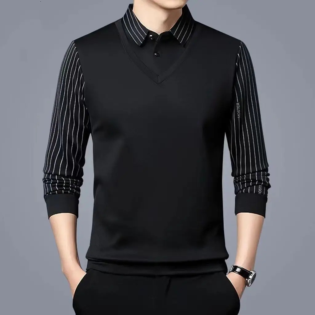 Business Casual Thin Slim Men Polo Shirt Spring Autumn Button Lapel Striped Long Sleeve Fashion Korean Clothing Tops 240814