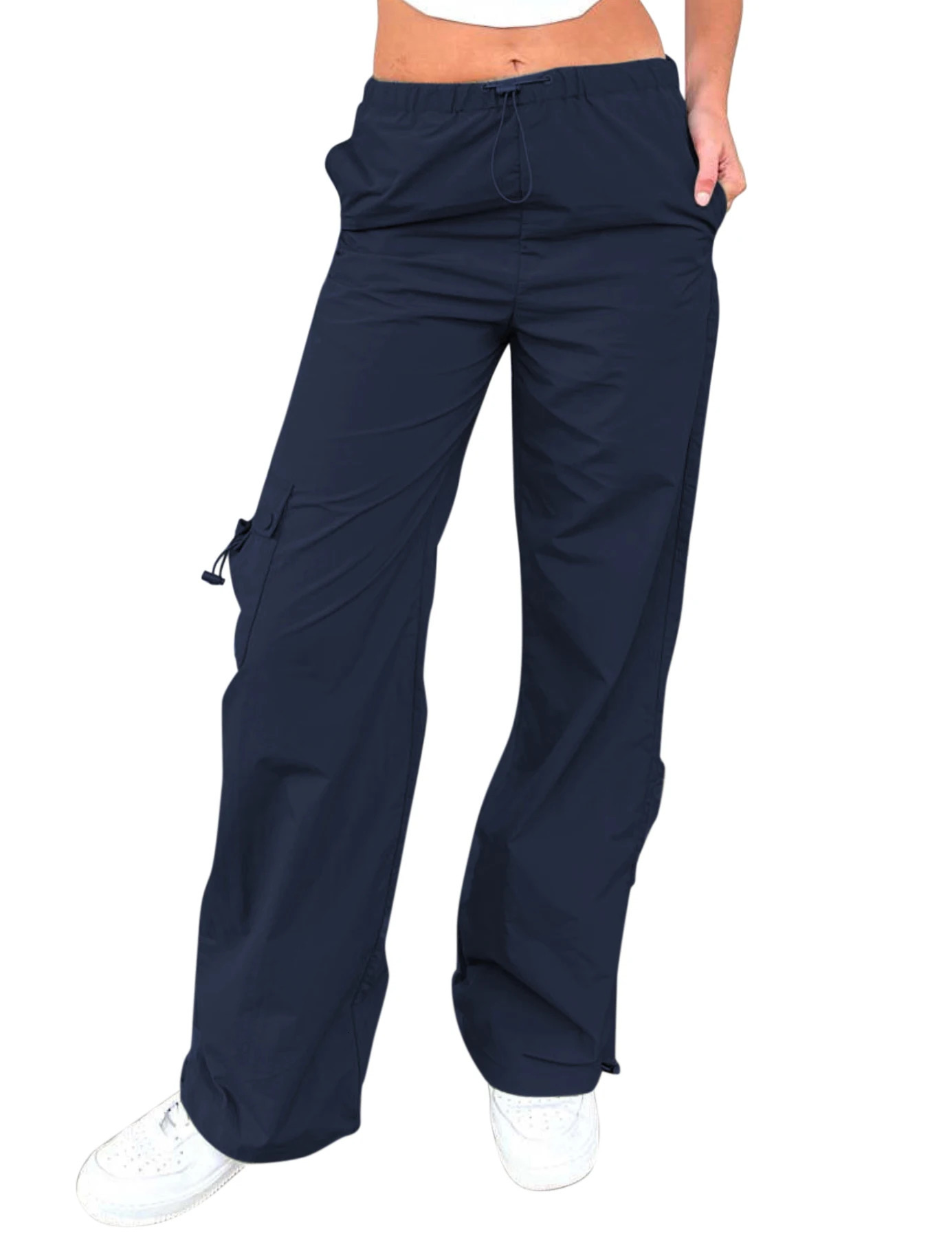 Womens Y2K Loose Drawstring Cargo Pants for Hiking and Running - Casual Low Waist Wide Leg Activewear with Multiple Pockets Z260314
