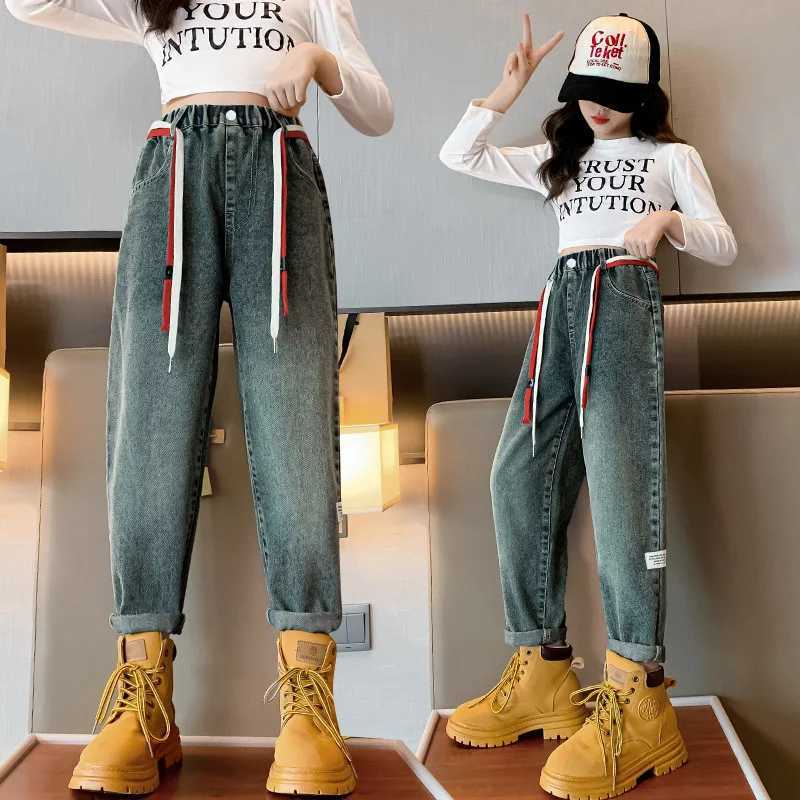Jeans Girls Elastic High Waist Patchwork Jeans Loose Blue Denim Pants for Teen Straight Trousers Casual Harem Jean Clothing 5-14 Years