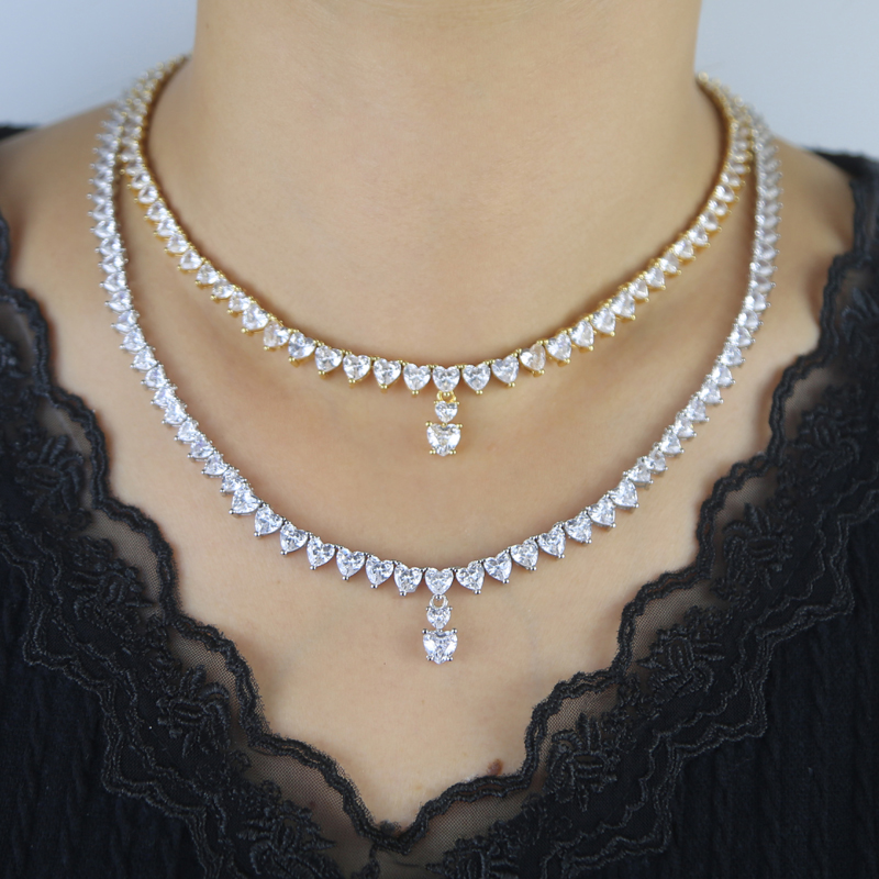 Tennis Chain Necklace: Prong Set White Heart CZ, Iced Out, Bg