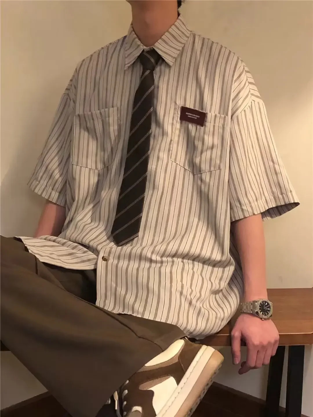 American style retro striped fashionable mens short sleeved loose street couple hip-hop half sleeved lingerie240807