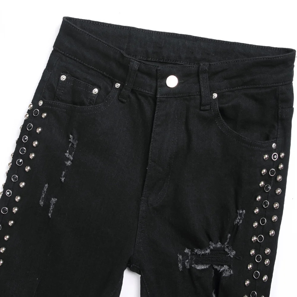 Men Punk Rivet Crystal Black Jeans Holes Ripped Denim Pants Streetwear Slim Tapered Stretch Trousers 240806