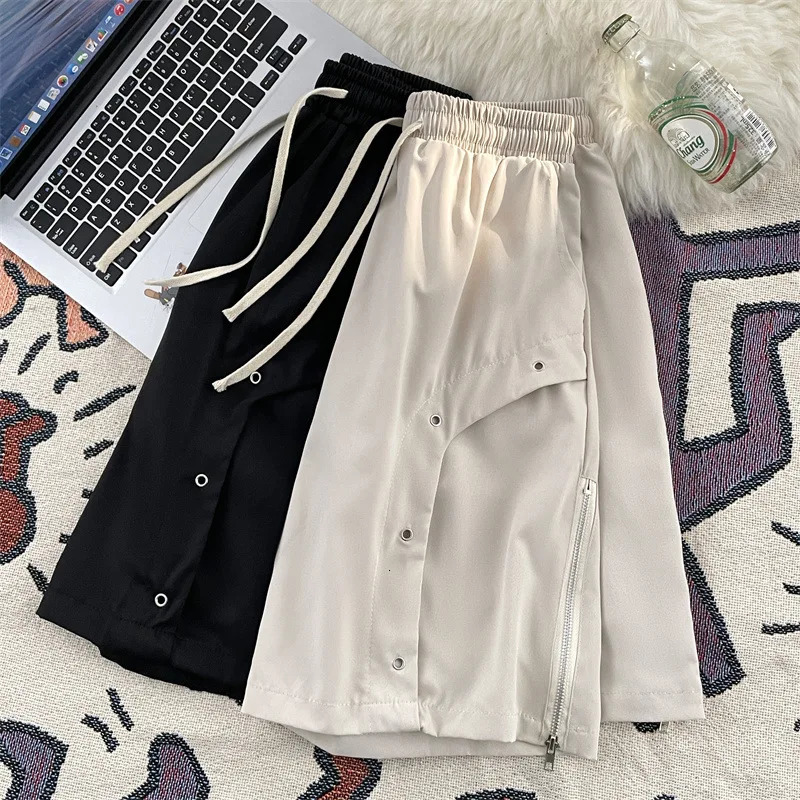 Summer Mens Casual Shorts Side Zipper Cargo Shorts Male Sports Casual Shorts Solid Drawstring Elastic Waist Knee Length Pants 240807