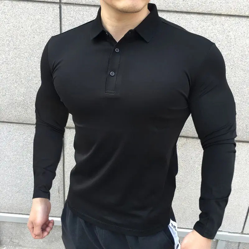 Korean Autumn Casual Fitness Polo Shirt Men Solid Button Slim Elastic Versatile Sports Breathable Quick Drying Long Sleeved Tops 240814