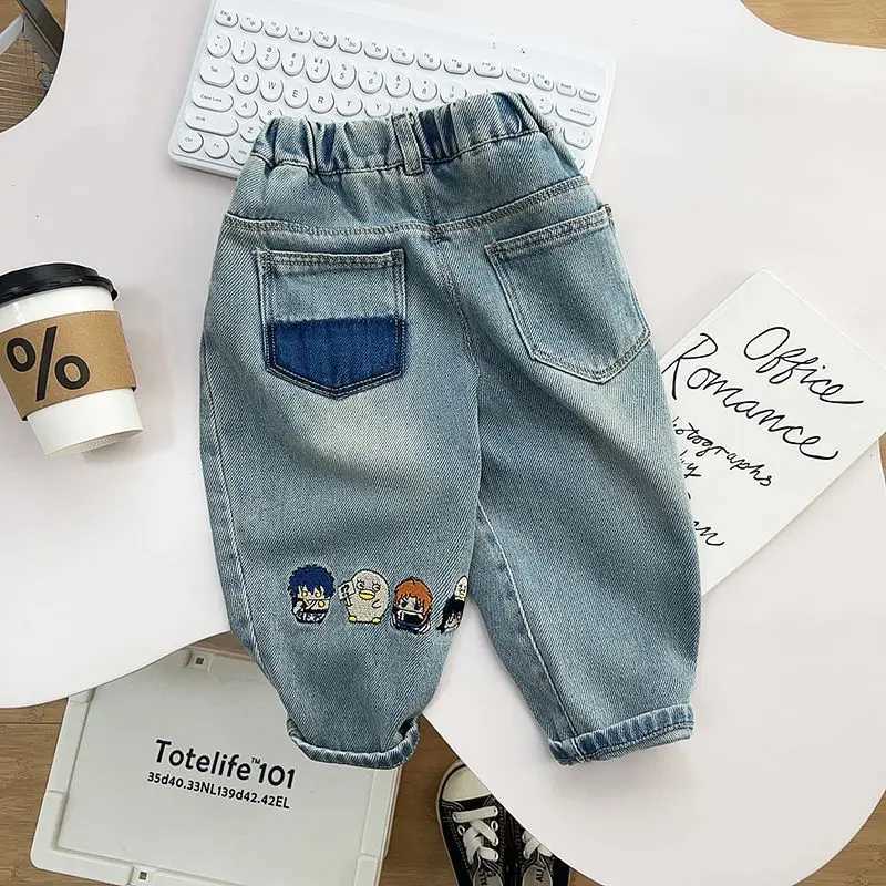 Jeans Childrens Spring Embroidered Pants 2024 New Handsome Boys Versatile Soft Jeans Baby Spring Autumn Korean Edition Pants Trousers