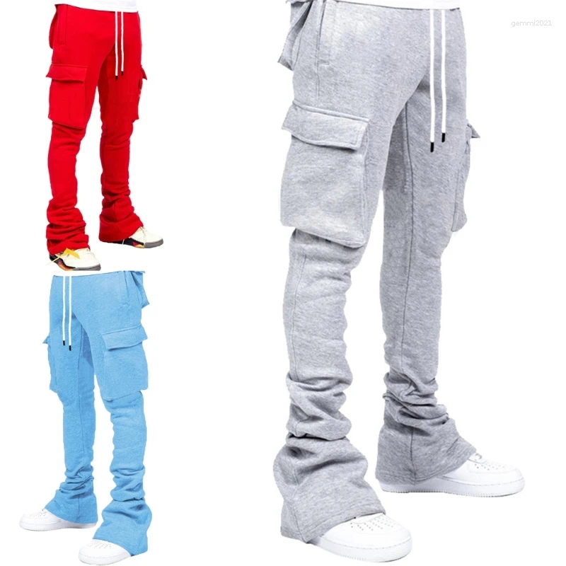 Men's Pants Mens Drawstring Waist Jogger Solid Color Pile Up Stacked Cargo Workout Running Sport Sweatpants With Multi Pockets