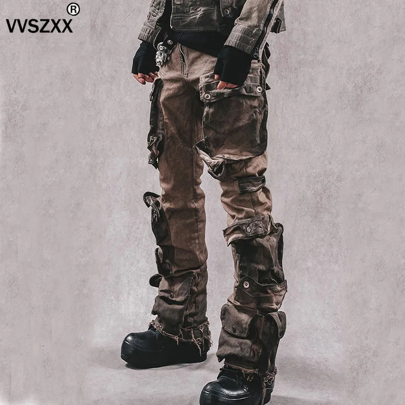 Heavy Industry Waste Soil Washed Multiple Pockets Cargo Pants Men Slim Fit Elastic Casual Trousers for Male 240806