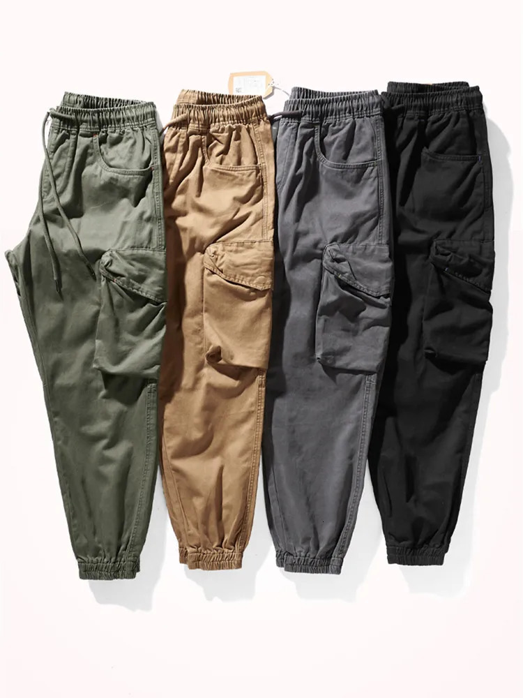Military Retro Woven Tooling Pants Mens Fashion Pure Cotton Washed Old Casual Elastic Waist Drawstring Loose Multi Pocket 240806