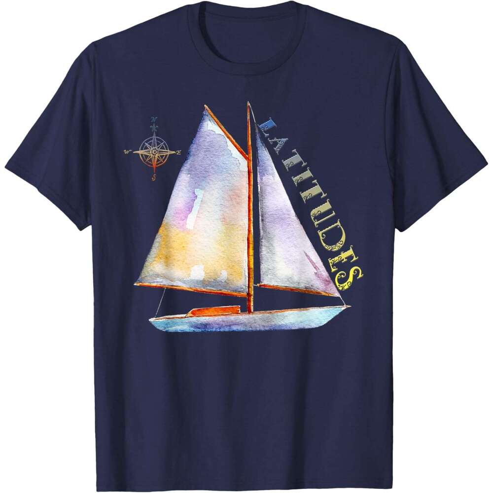 Mens T shirt Watercolor Sailboat with Compass and LATITUDES Sailing T-Shirt shirts tshirt graphic tee Casual tops summer clothes Short sleeve Free shi