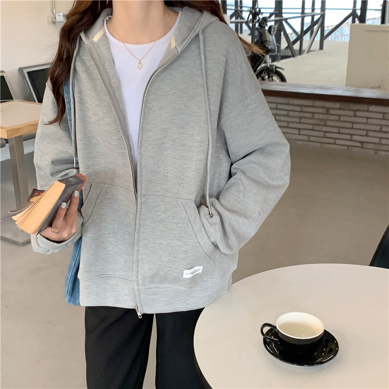 Spring and autumn loose zippered long sleeved for Korean version solid color hooded hoodie, student women's cardigan small jacket
