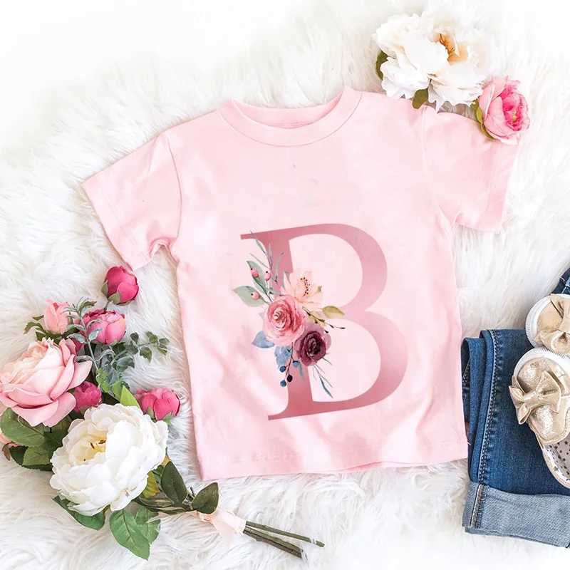 Retro floral T-shirt cotton pink lucky letter 26 English letters A B C D childrens girl boy trend T casual shortsW240718