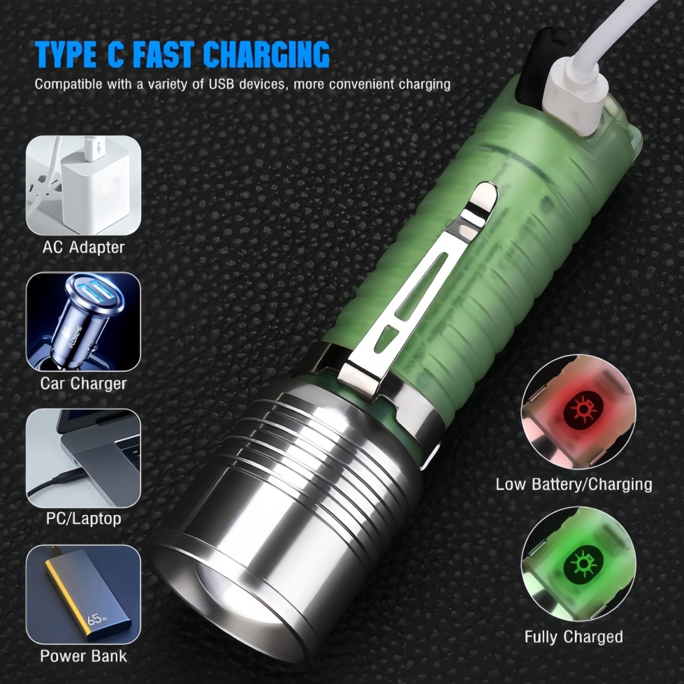 High Energy Telescopic White LED Flashlight - Compact & Efficient Night Time Emergency Lighting Tool with TYPE C Charging