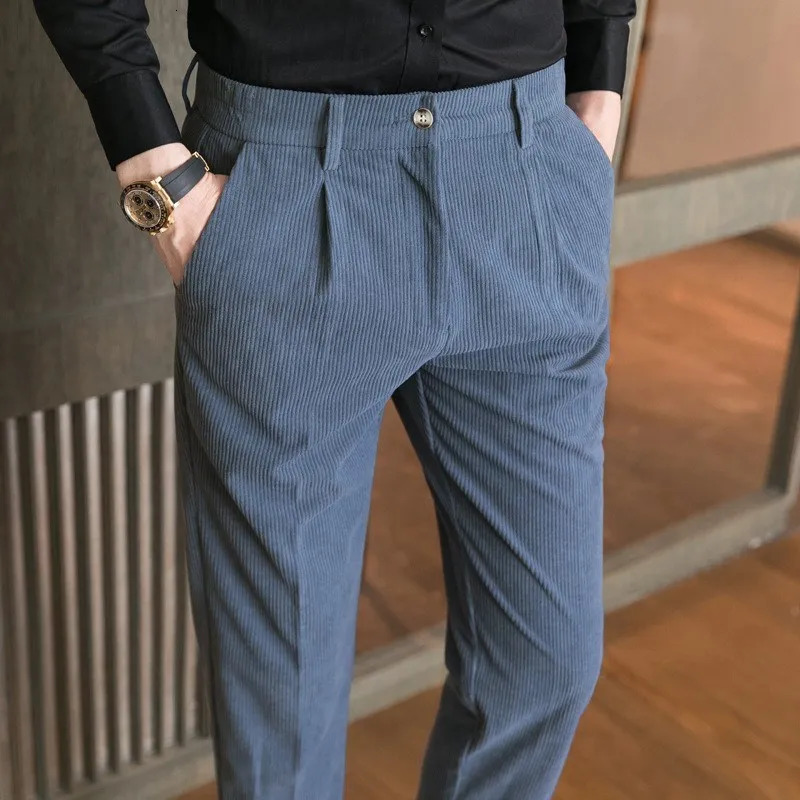 Men Corduroy Elasticity Solid Casual Pencil Pants Autumn Winter Fashion Regular Business Straight Suit Trousers Brown Blue Khaki 240806
