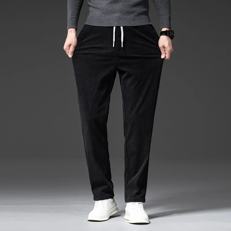 Spring Autumn Corduroy Mens Casual Pants Classic Business Work Elastic Waist Straight Trousers Black Gray Khaki 240806