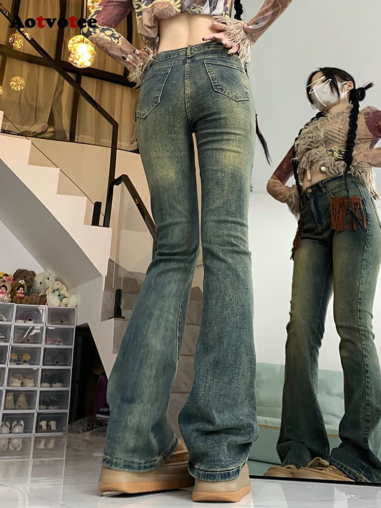Aotvotee Bell Bottom Jeans for Women Chic Tassel Vintage Washed High Waisted Slim Denim Pants Fashion Full Length Trousers 240807