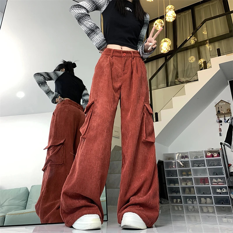 Womens Corduroy Pants Baggy Y2k 90s Streetwear Oversize Wide Leg Oversize Pants Vintage Harajuku High Waist Trousers Clothes 240807