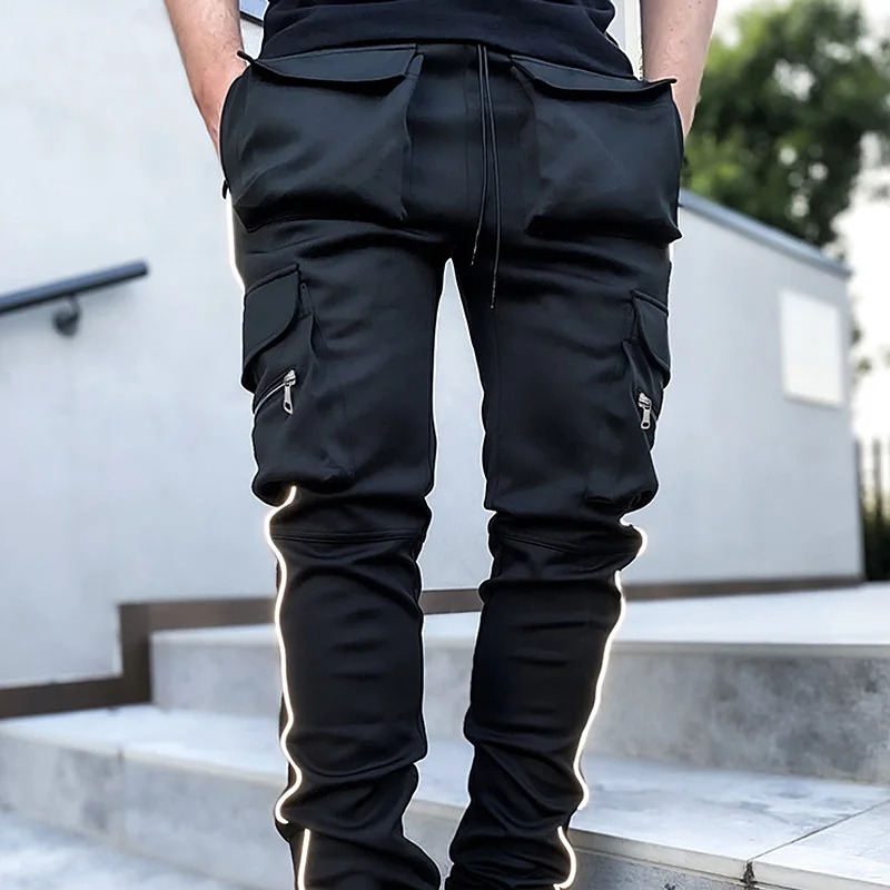 Mens Gym Joggers Cargo Pants MultiPocket Reflect Straight Sports Fitness Casual Clothing Fashion Trousers Sweatpants 240806