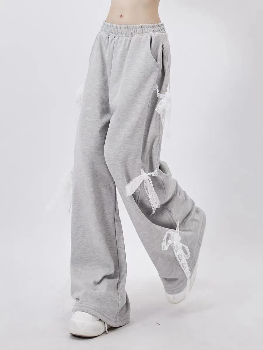 Womens Grey Lace Lace-up Pants Vintage Y2k Harajuku 90s Aesthetic Sweatpants Retro High Waist Wide Trousers 2000s Clothes 240821