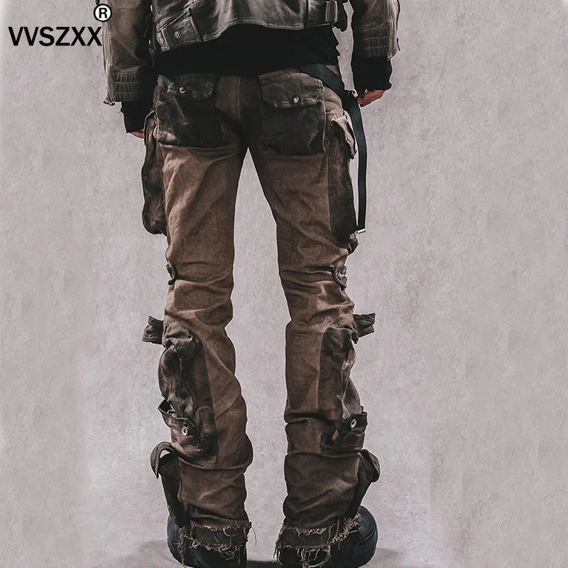 Heavy Industry Waste Soil Washed Multiple Pockets Cargo Pants Men Slim Fit Elastic Casual Trousers for Male 240806