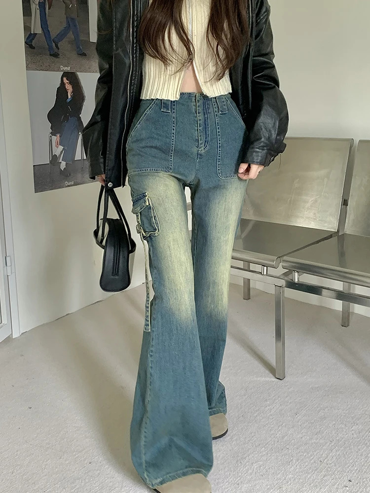 Women Korean Vintage High Waist Denim Pants Kpop Flare Jeans Gyaru Bell Bottom Jeans 2000s Aesthetic Grunge Y2k Streetwear Punk 240807