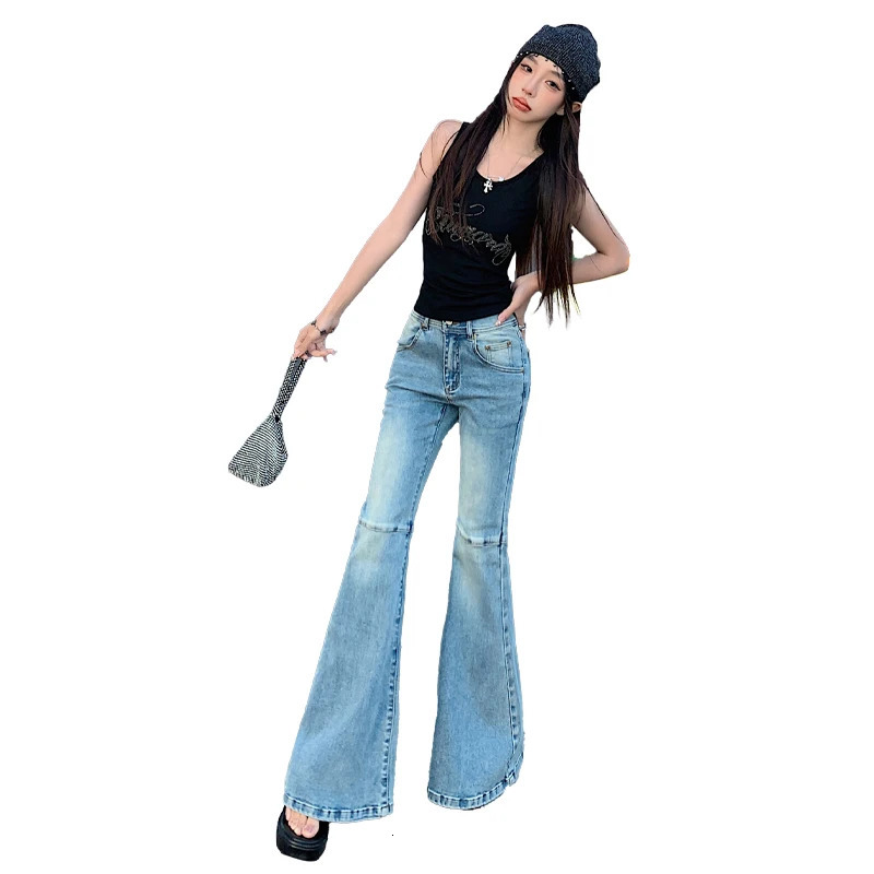 WCFCX STUDIO Vintage Blue Flare Jeans Women High Waist Slim Skinny Jeans Korean Style Street Streetwear Denim Trousers 240807