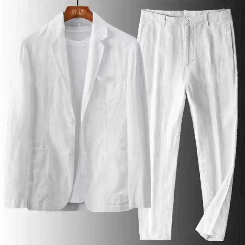 Mens 2 Piece Set Linen Pocket Solid Breathable Casual Mens Suit Business Clothing Thin Jacket Prom Long Pants Blazer Outfits 240806