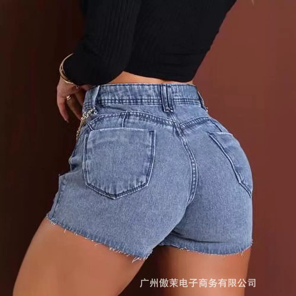 2023 New Fashionable Women's Clothing Chain Splicing Punched Tight Cowboy Shorts