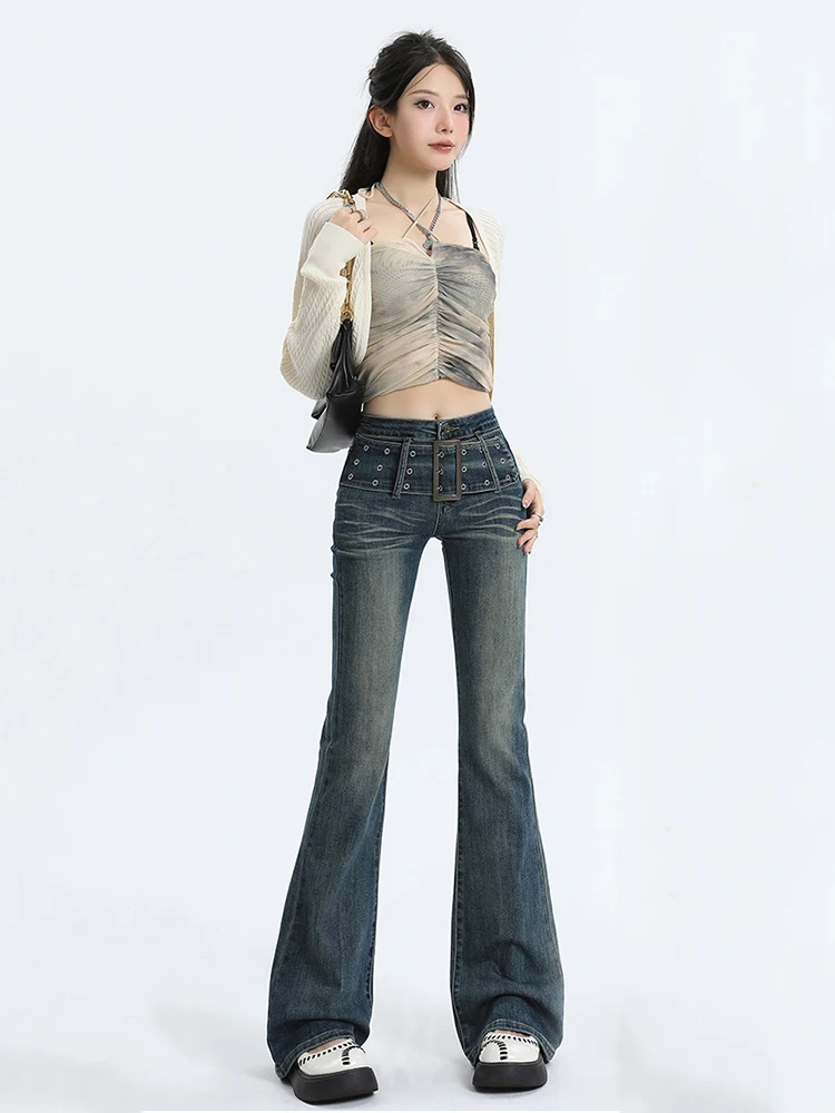 ReddaChic Y2k Belted Womens Flare Jeans Grayu Slim Fit High Waist Denim Bell Bottoms Bootcut Pants Korean 90s Retro Streetwear 240807