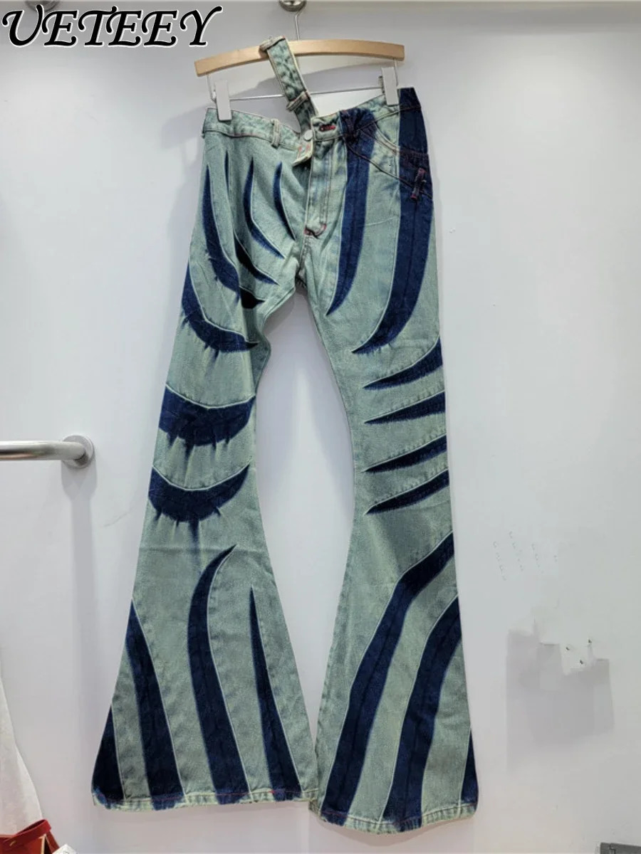 Women Pantalones Fall Waist Split Hollow Out Color Contrast Patchwork Jeans Street Girl Denim Bell-Bottom Pants Y2k 240807