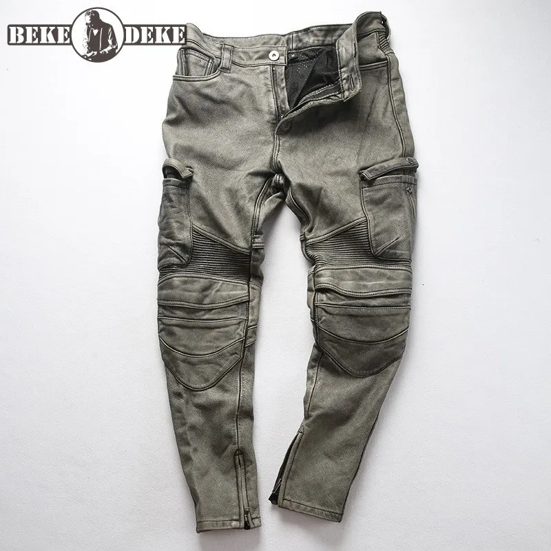 Mens Motorcycle Biker Genuine Leather Pants Real Cowhide Slim Pencil Design Men Cargo Trousers 240806
