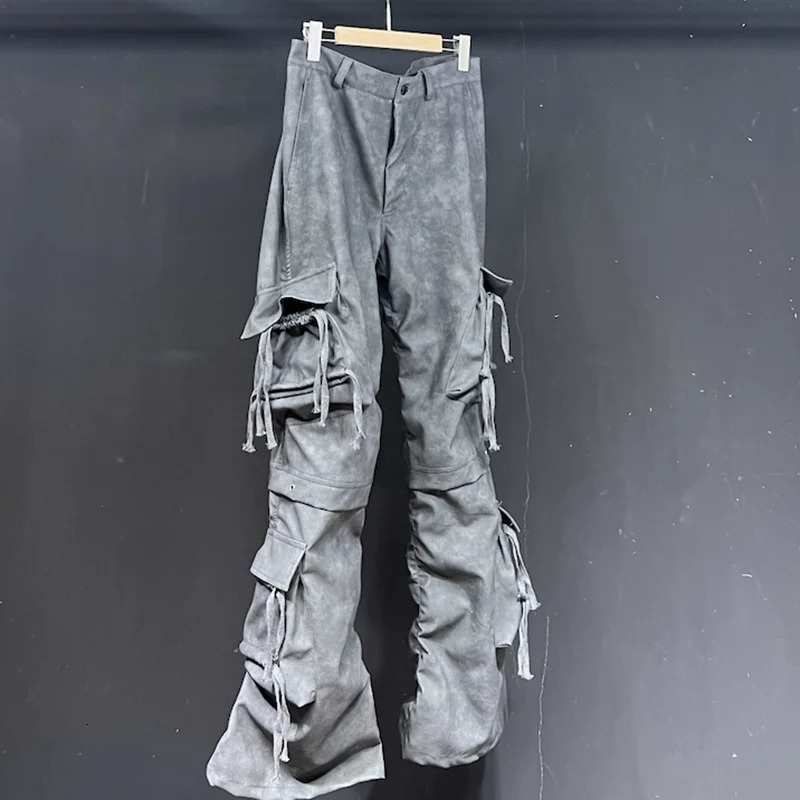 PFHQ Mens PU Washed Cargo Pants Streetwear Multi Pockets Avantgarde Pioneer Techwear Abstraction Autumn Trousers 21Z3141 240806