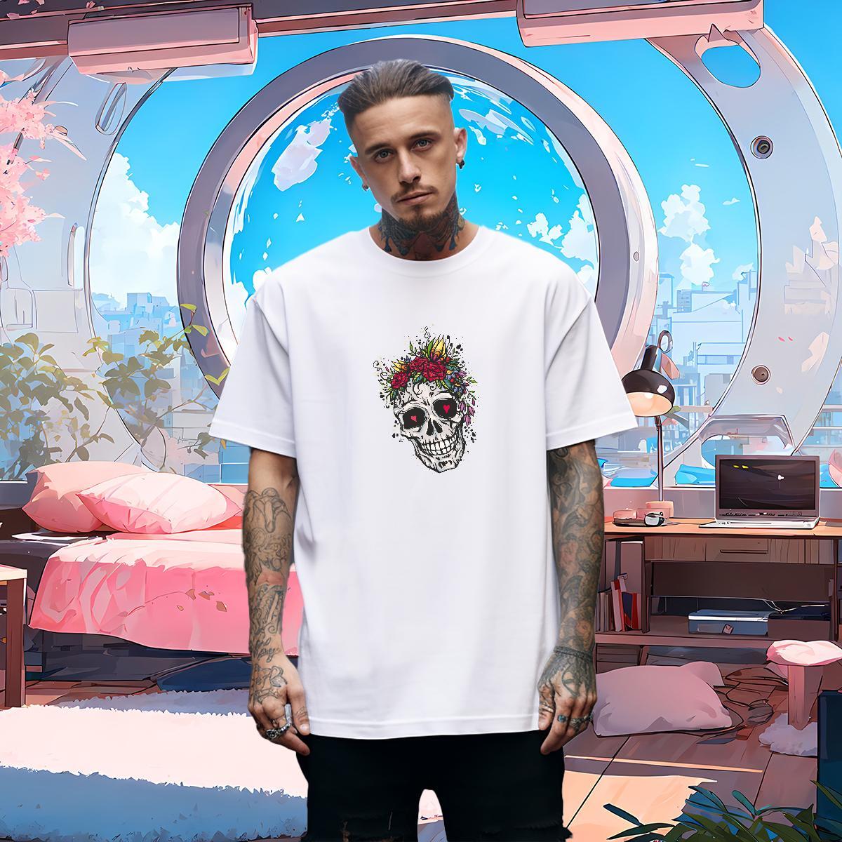 Fashion T-Shirts for Men skull Tee Shirt 230g 100% Cotton Street Cool Custom Print Plus Size Pure Cotton Men Tees