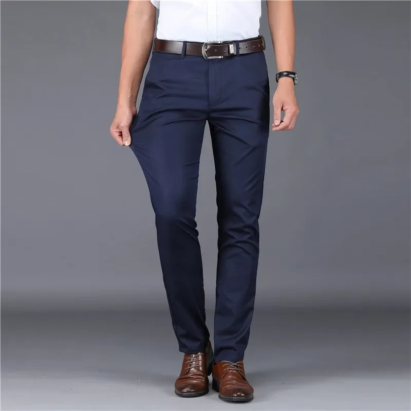 Summer Ultrathin Mens Ice Silk Casual Pants Soft Comfortable Solid Color Elastic Business Straight Trousers Man Navy Blue 240806