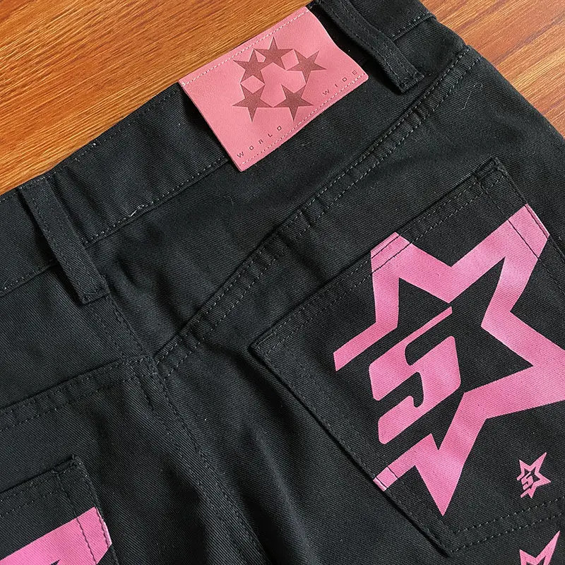 pink letter print jeans slim blue trendy Harajuku style American retro fashion casual couple ins straight pants 240821
