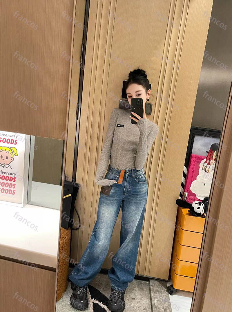 Women Denim Jeans Designer Retro Pants Classic Long Pant Leather Label Straight Trousers Waisted Female Casual Jean Fashion Thinner Jeans CYD2408071F12