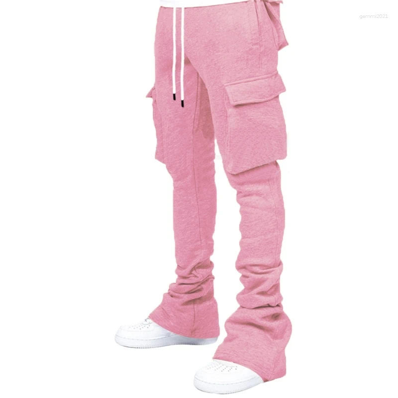 Men's Pants Mens Drawstring Waist Jogger Solid Color Pile Up Stacked Cargo Workout Running Sport Sweatpants With Multi Pockets