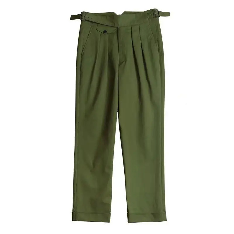 Vintage Green Gurkha Pants For Men Adjustable Waist Buckle Cotton Naples Trousers Fashion Casual Loose AnkleLength Cargo 240806
