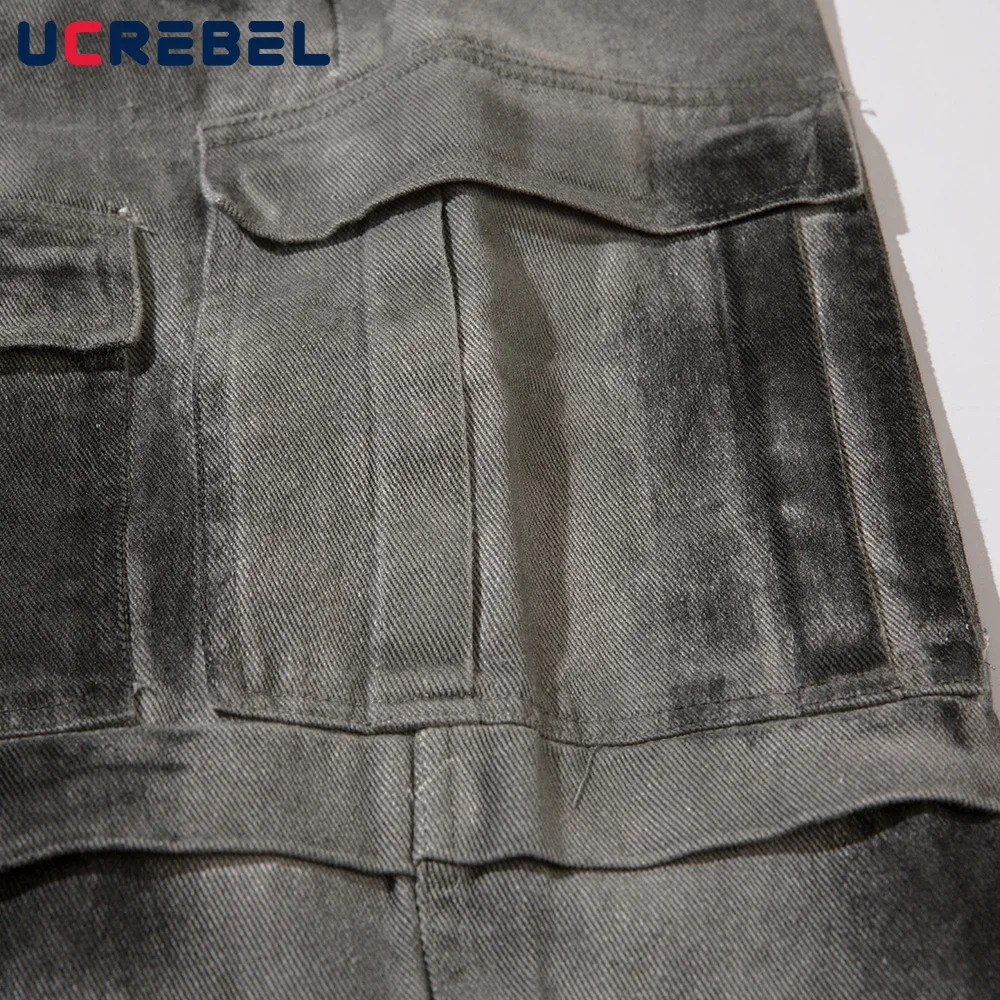 MultiPocket Cargo Trousers Mens Washed Distressed High Street Loose Straight Wide Leg Pants Men 240806