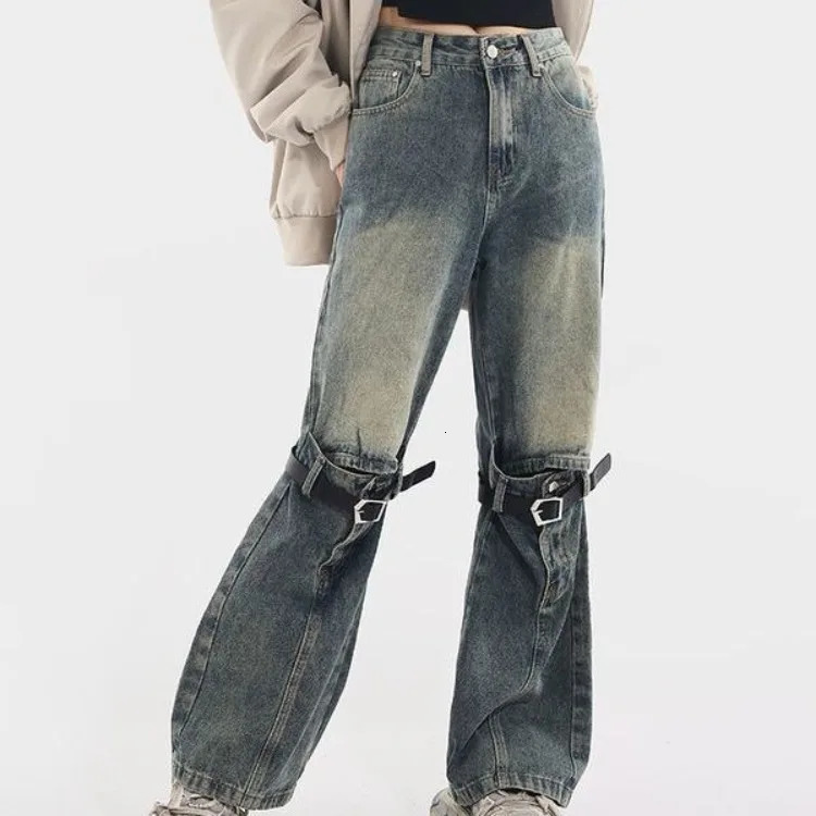 American Retro Washed Bell Bottom Jeans Y2k Grunge High Waist Loose Denim Pants Straight Wide Leg Women 240807
