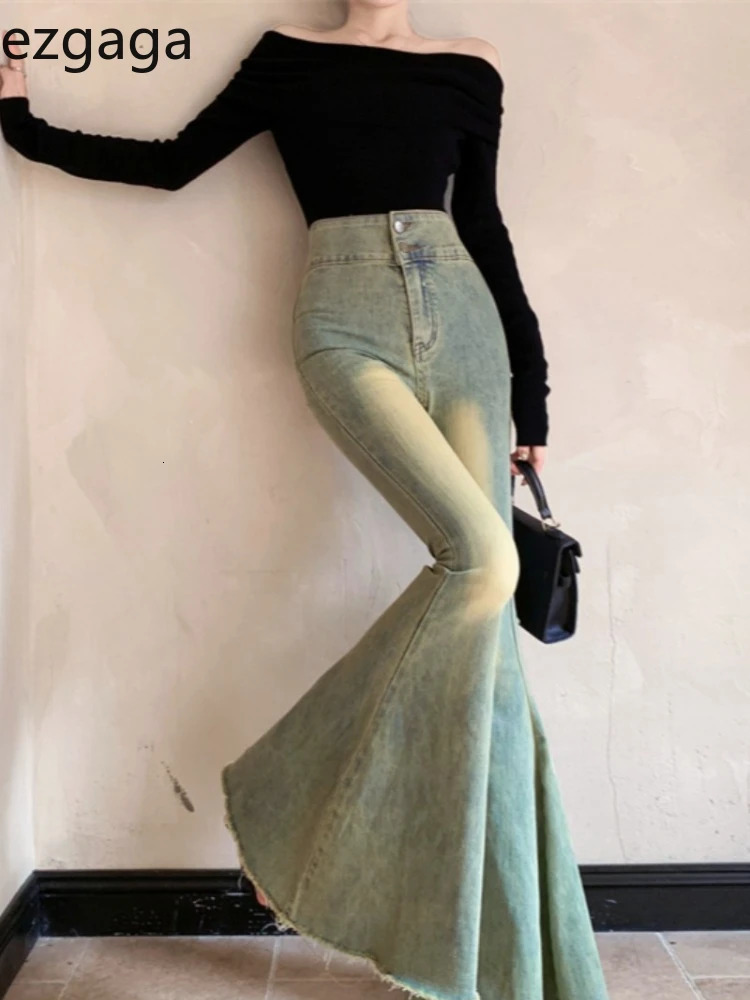 Ezgaga Vintage Jeans Women Fashion Slim High Waist Denim Pants Autumn Flare Long Trouser Wide Leg Sexy Elegant Streetwear 240807