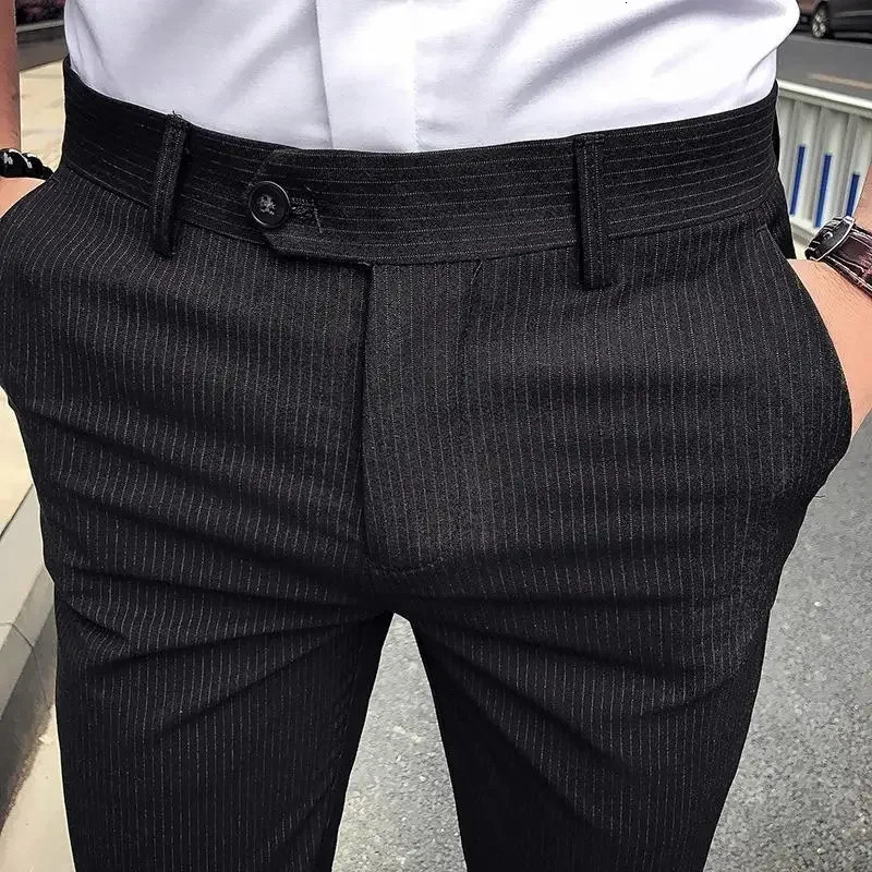 Business Man Suits Pants Striped Gray Trousers for Men Social Tailoring Spandex Up Vintage Korean Style Clothes Reviews Many 240806