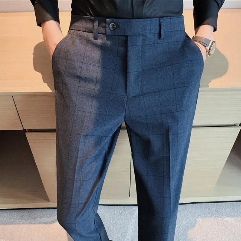 High Quality Mens Formal Pants Office Social Business Fashion Plaid Suit Casual Slim Wedding Street Wear Trousers 38 240806