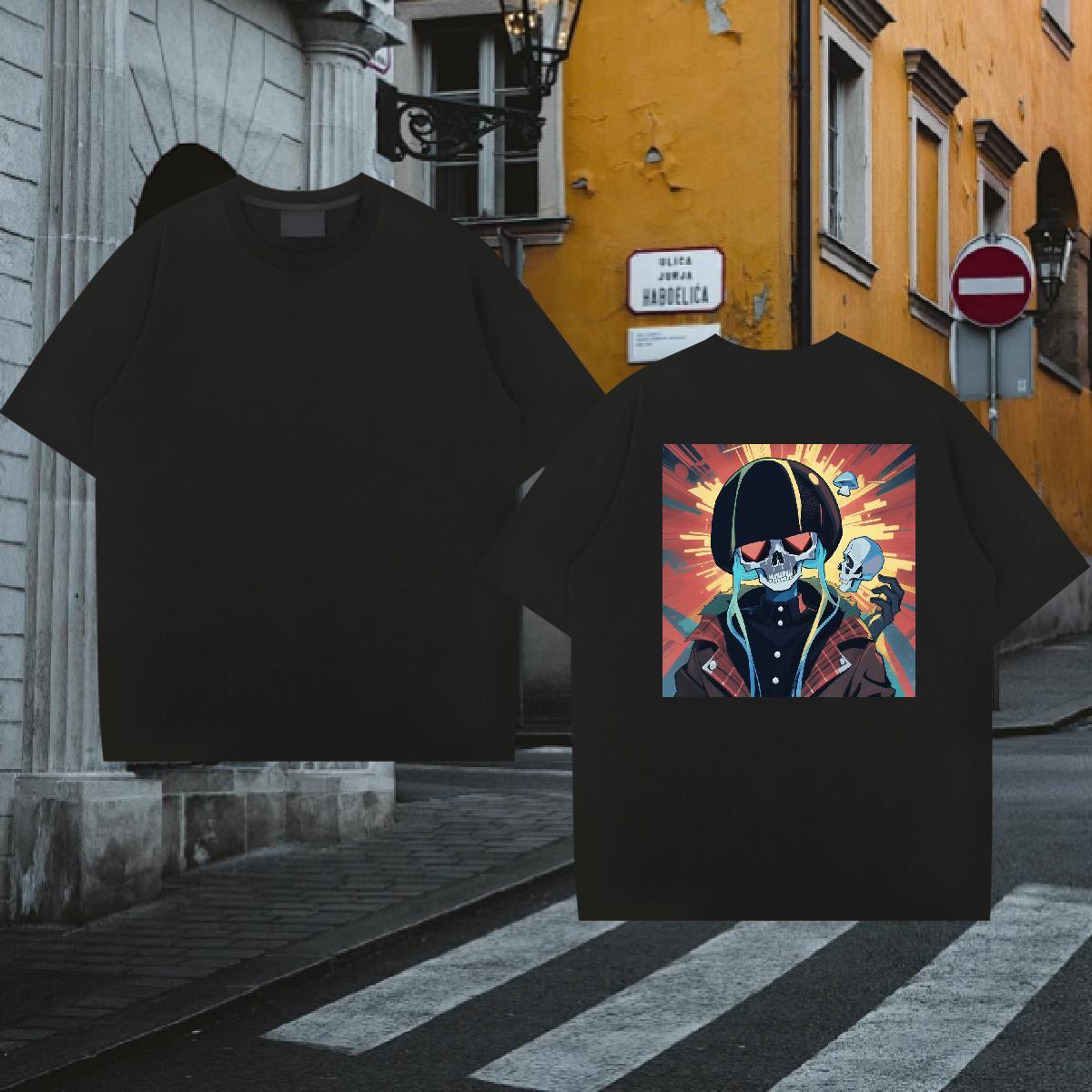2024 DIY Mens T Shirts skull Clothes 230g Pure Cotton High Street Hip Hop Loose Fit Cartoon Print Breathable Mens Tshirts